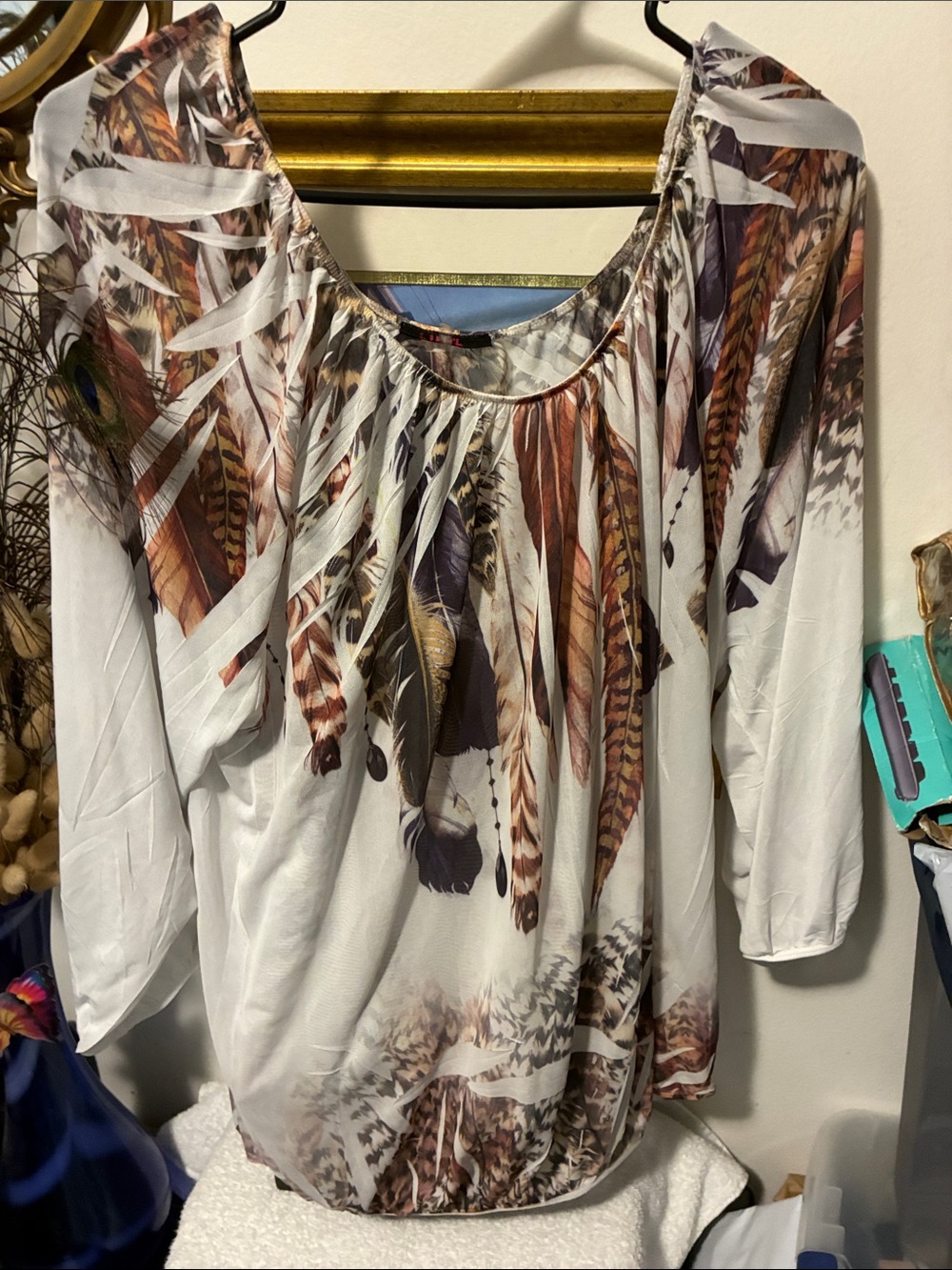 Women’s White Feather-Print sheer Blouse